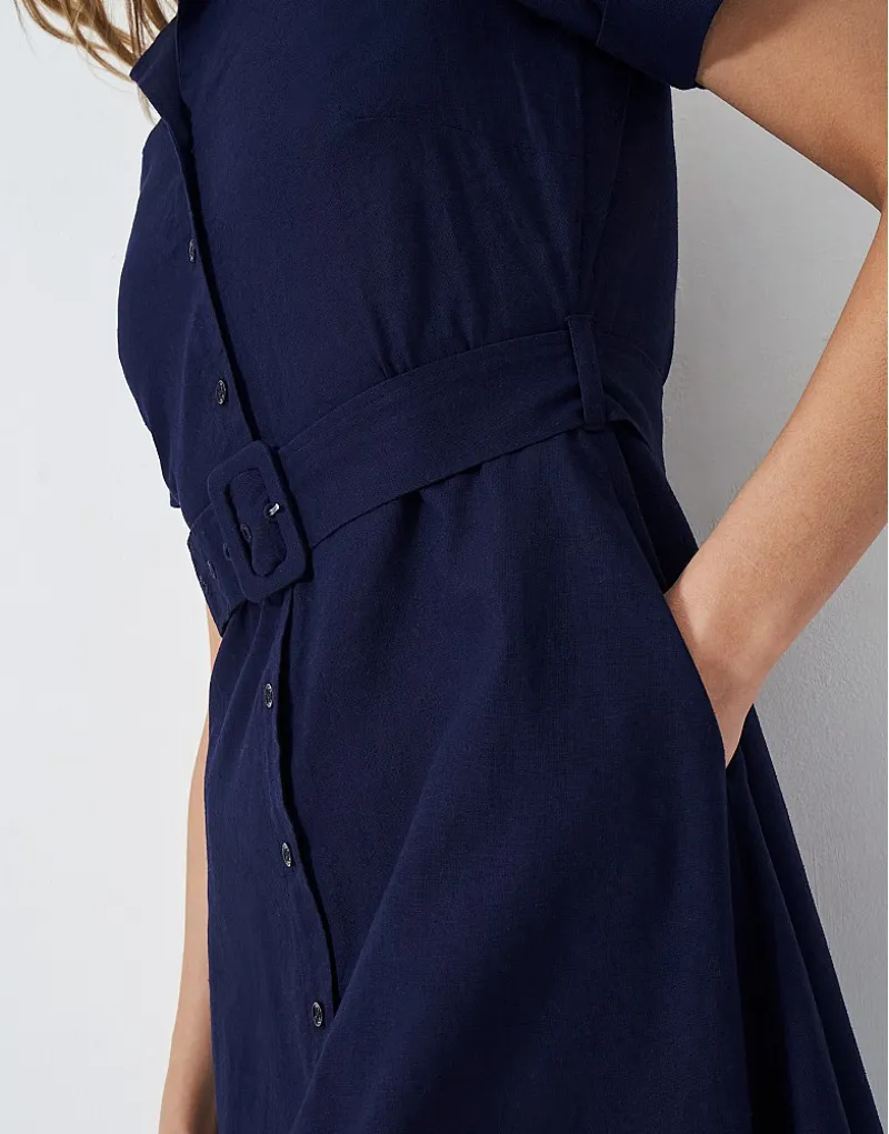 Crew Ava Belted Linen Blend Shirt Dress Navy-4