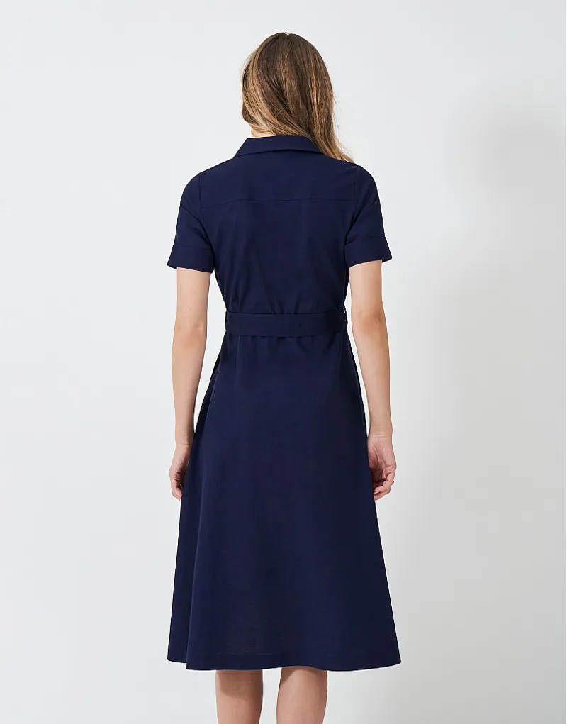Crew Ava Belted Linen Blend Shirt Dress Navy-2