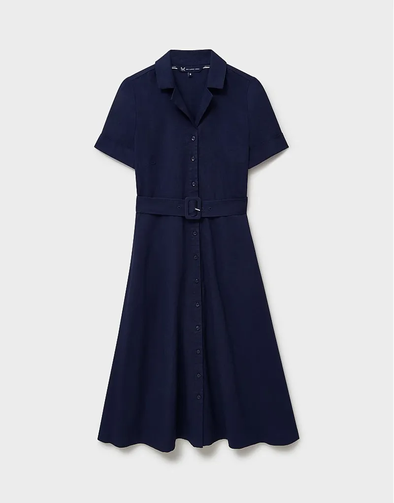 Crew Ava Belted Linen Blend Shirt Dress Navy