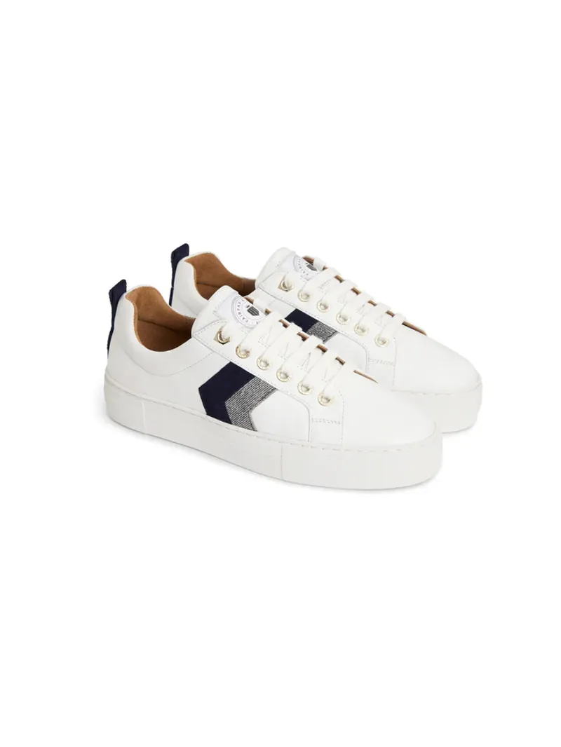 Fairfax and Favor Platform Alexandra Trainer White Leather Navy/Denim
