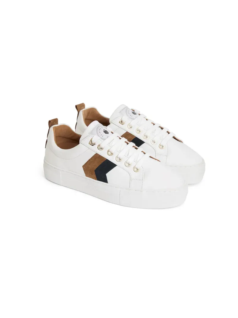 Fairfax and Favor Platform Alexandra Trainer White Leather with Tan/Navy