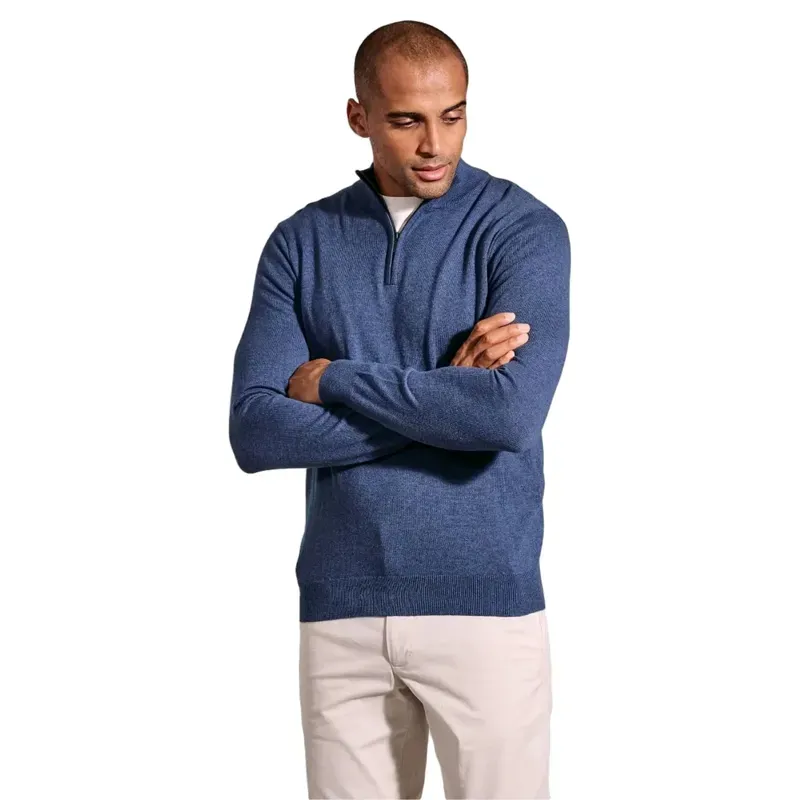 Brook Taverner Copenhagen Denim Blue Cotton Merino Zip Neck Jumper