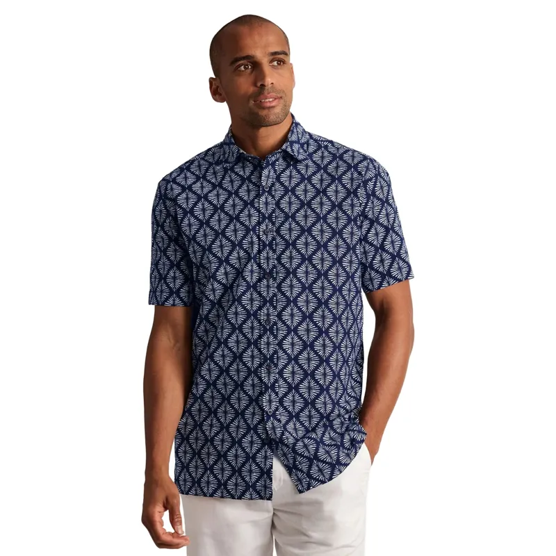 Brook Taverner Regular Fit Navy Geometric Print Seersucker Short Sleeve Shirt