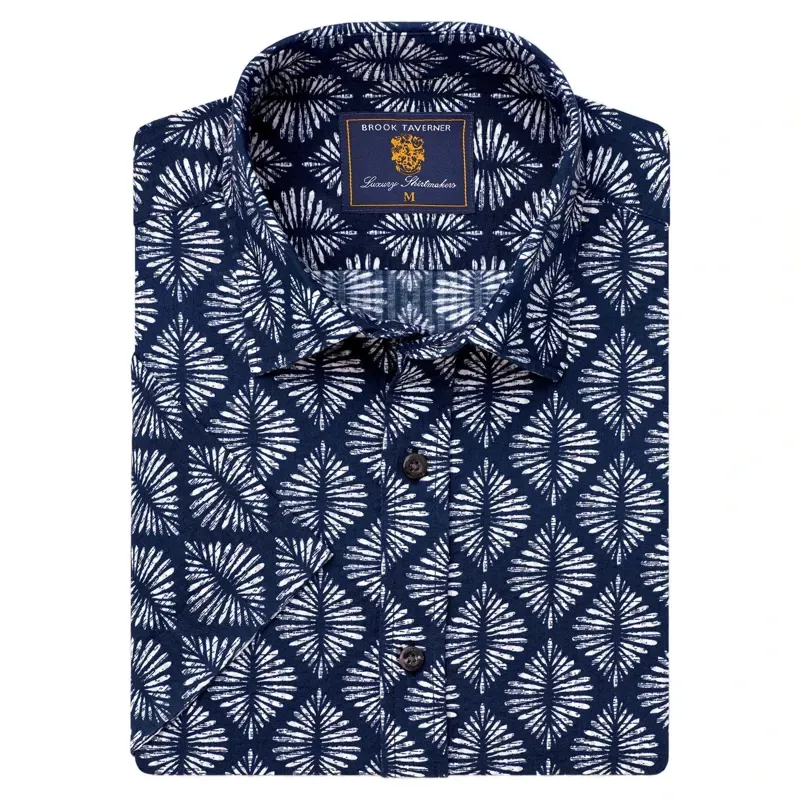 Brook Taverner Regular Fit Navy Geometric Print Seersucker Short Sleeve Shirt-1
