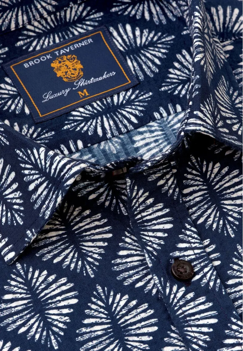 Brook Taverner Regular Fit Navy Geometric Print Seersucker Short Sleeve Shirt-3