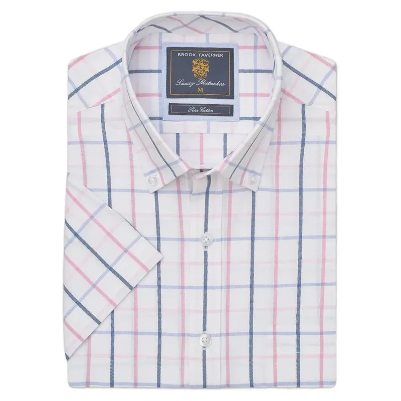 Brook Taverner Tattersall Oxford Cotton Short Sleeve Shirt in Pink-1