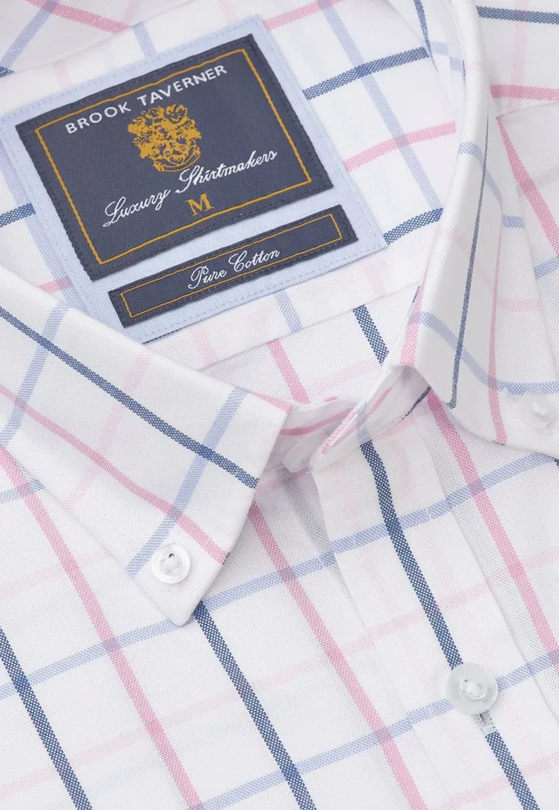 Brook Taverner Tattersall Oxford Cotton Short Sleeve Shirt in Pink-4