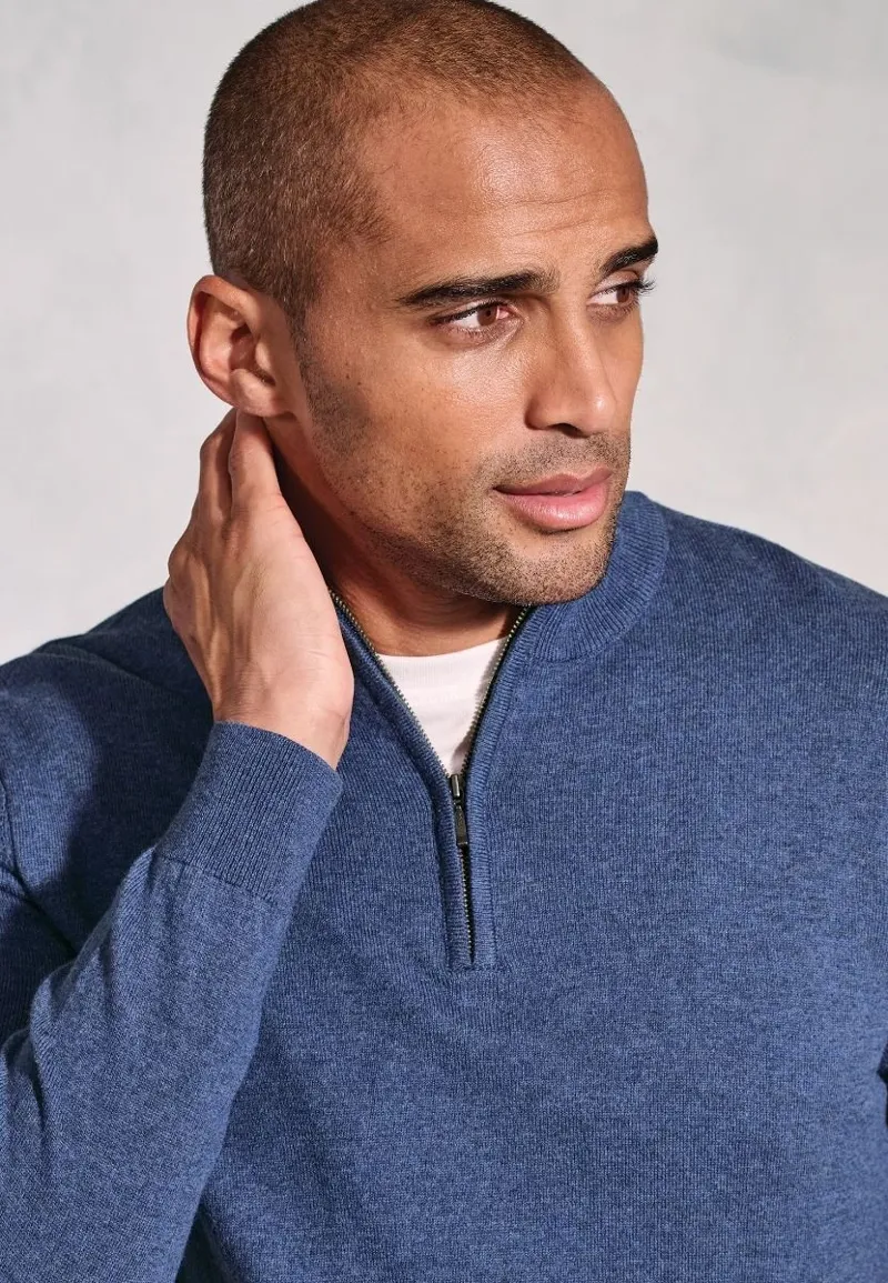 Brook Taverner Copenhagen Denim Blue Cotton Merino Zip Neck Jumper-3