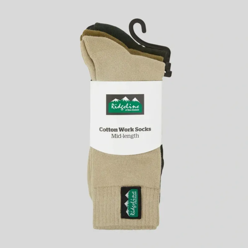 Ridgeline Cotton Work Socks Mid Length Pack of 3 in Olive Multi-4