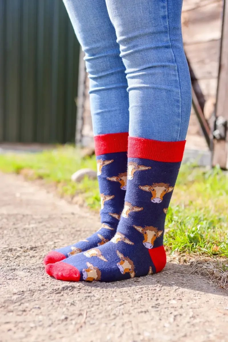 Country Moos Navy Cow Crew Socks UK3.5-6-1