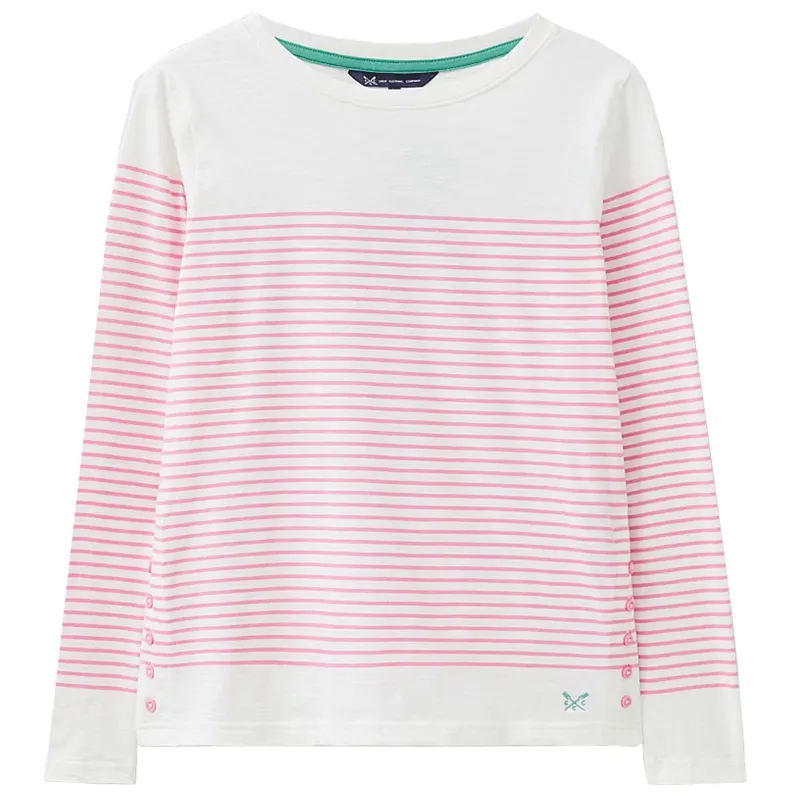 Crew Cassandra Stripe Top with Button White/Pink