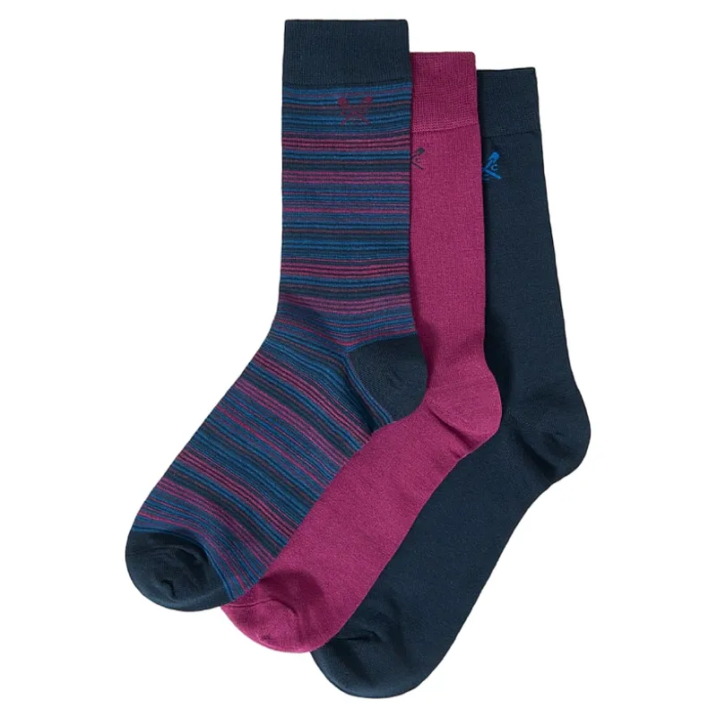 Crew Clothing 3 Pack Bamboo Socks Mulberry Multicolour Stripe in Navy