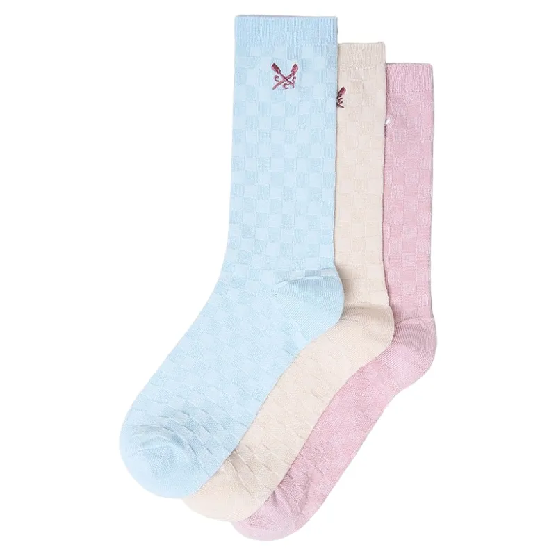 Crew Clothing Bamboo Sock Checkerboard 3PK in Pink/Neutral/Blue
