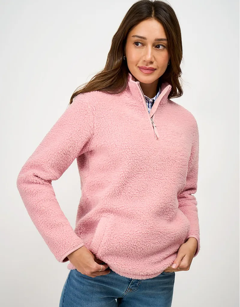 Crew Clothing Borg Boucle Bonded Half Zip Sweatshirt in Pink Nectar-1