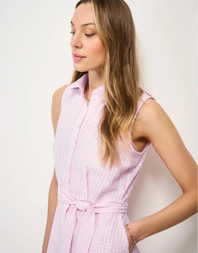 Crew Clothing Dara Sleeveless Shirt Dress in Orchid Pink White Gingham-3