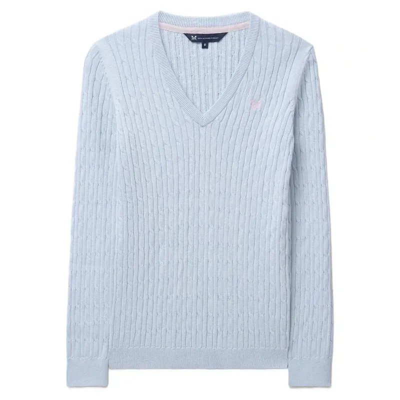 Crew Clothing Heritage Cable V Neck Jumper in Crystal Blue