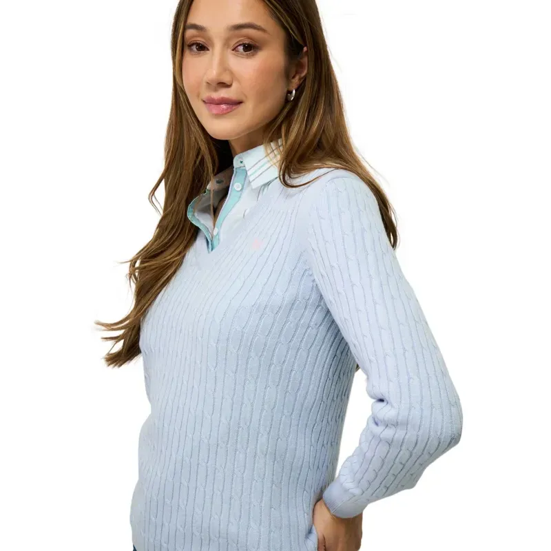 Crew Clothing Heritage Cable V Neck Jumper in Crystal Blue-2