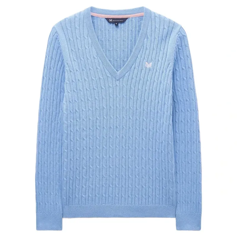 Crew Clothing Heritage Cable V Neck Jumper in Little Boy Blue