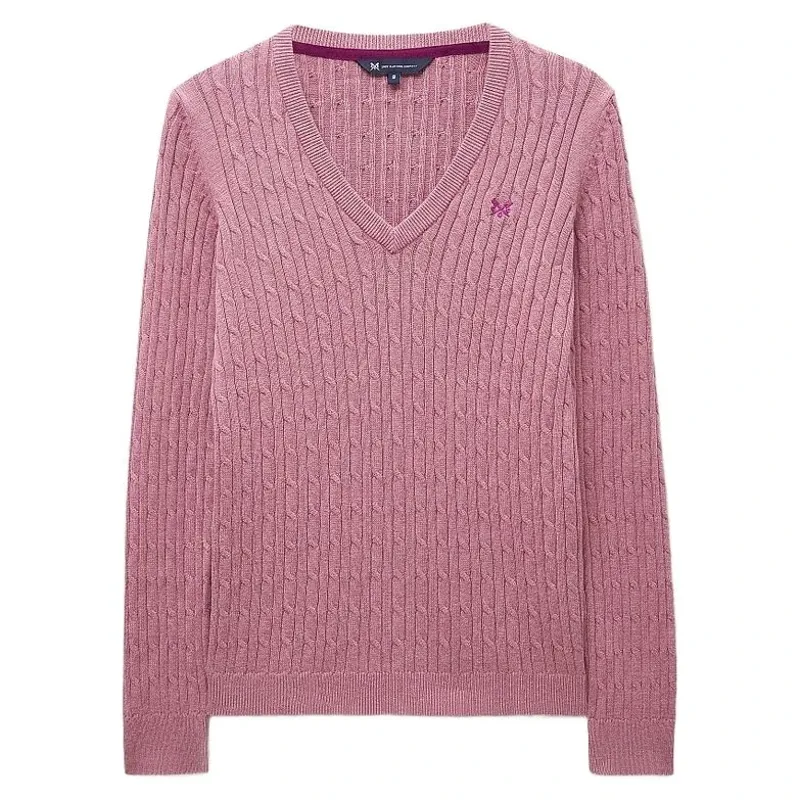 Crew Clothing Heritage Cable V Neck Jumper in Pink Nectar Marl