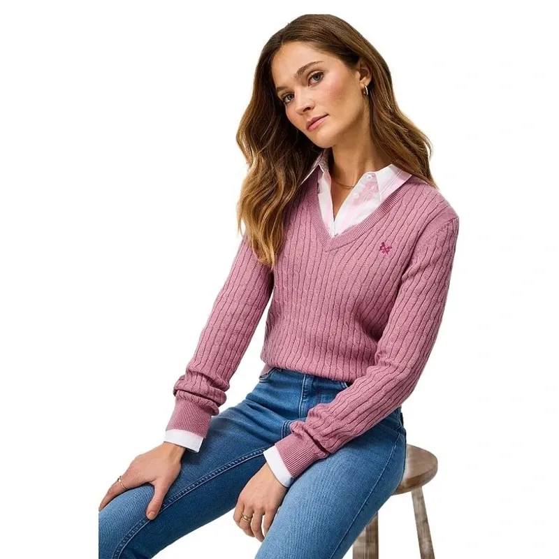 Crew Clothing Heritage Cable V Neck Jumper in Pink Nectar Marl-1