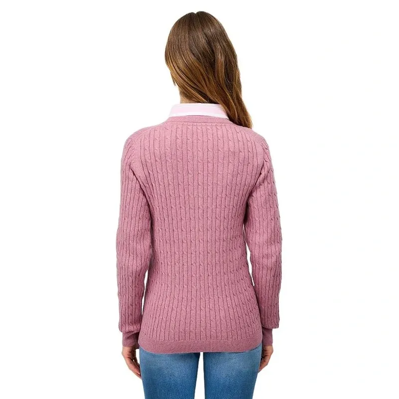 Crew Clothing Heritage Cable V Neck Jumper in Pink Nectar Marl-2