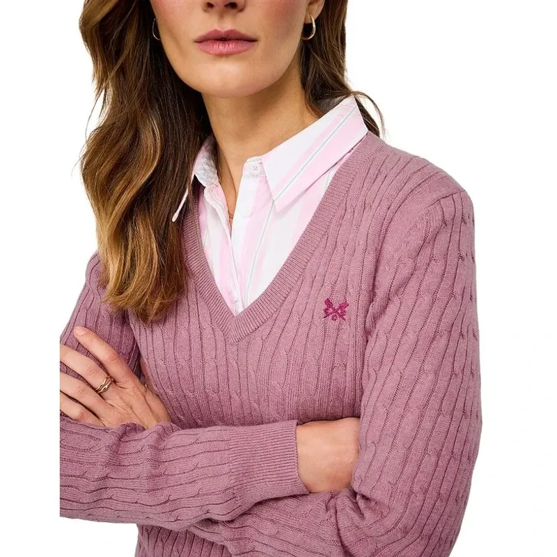 Crew Clothing Heritage Cable V Neck Jumper in Pink Nectar Marl-4