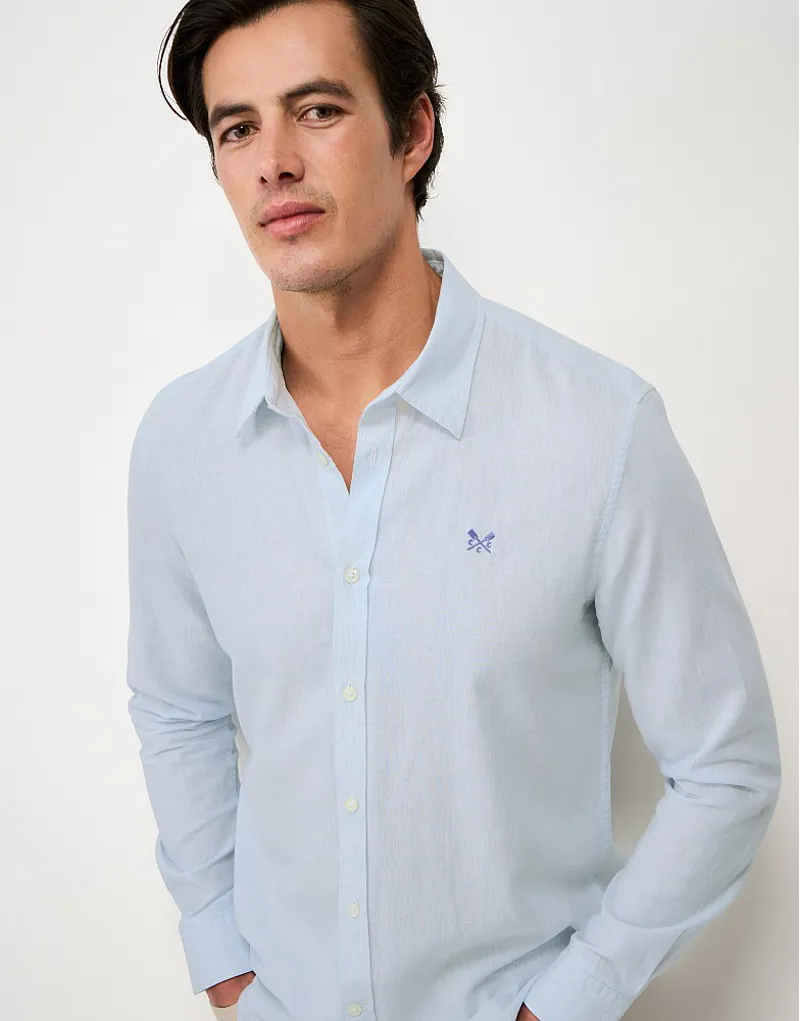 Crew Clothing Microstripe Long Sleeve Linen Shirt in Light Blue/White-2