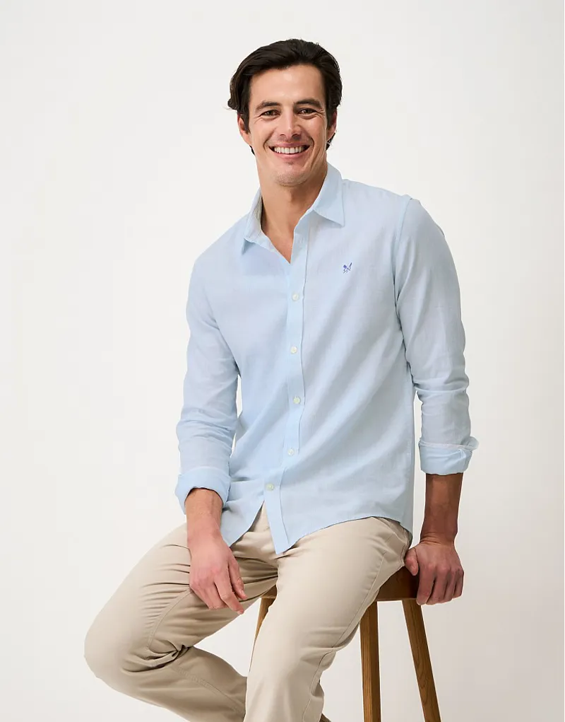 Crew Clothing Microstripe Long Sleeve Linen Shirt in Light Blue/White-3