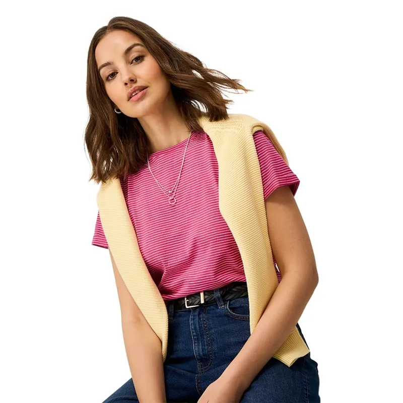 Crew Clothing Perfect Stripe Crew Slub Tee in Raspberry Sorbet/White-2