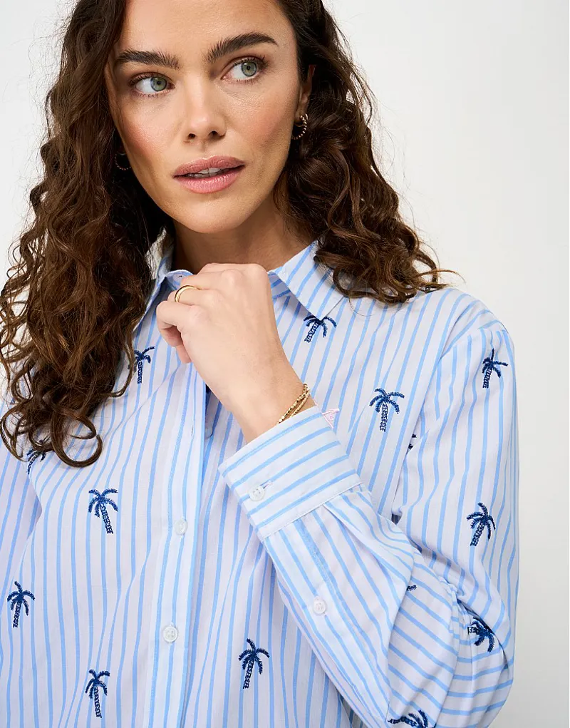Crew Clothing Relaxed Fit Embroidered Poplin Shirt Blue Palm Tree-2