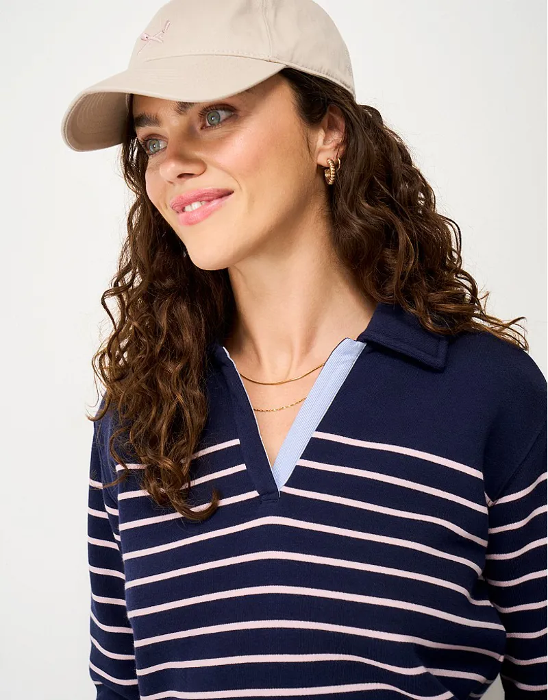 Crew Clothing Sandy Flip Collar Sweater in Navy and Pink Stripe-3