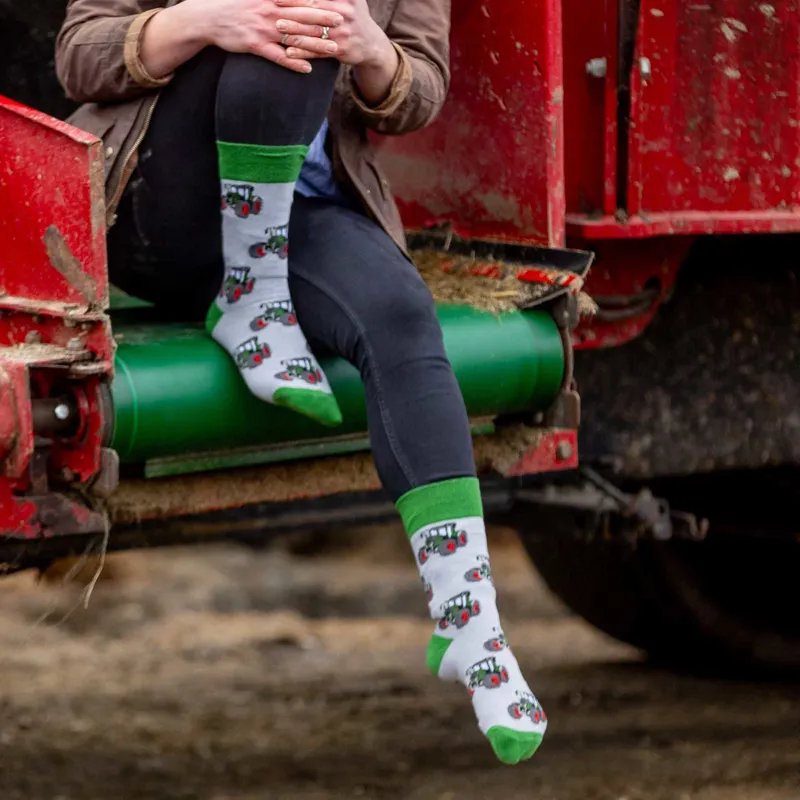 Country Moos Dark Green Tractor Crew Socks UK3.5-6-1
