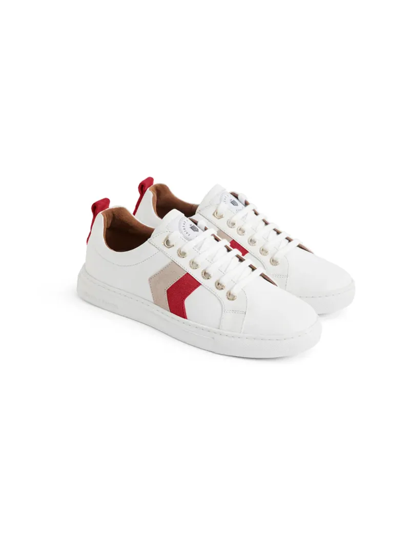 Fairfax and Favor Alexandra Trainer White Leather with Cherry/Stone