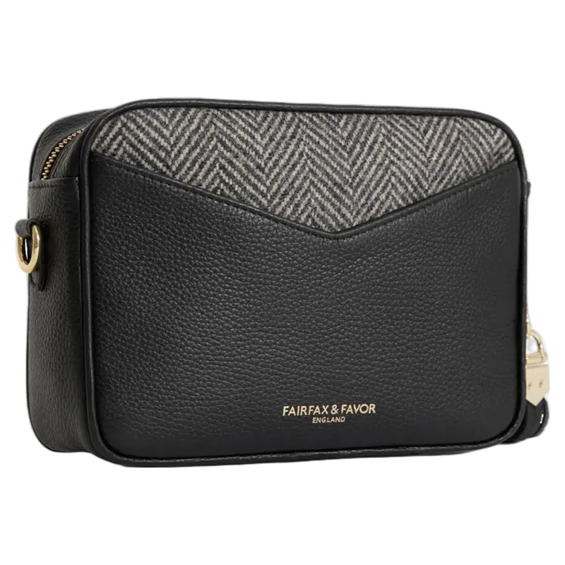 Fairfax and Favor Finsbury Cross Body Bag Herringbone Black Leather-2