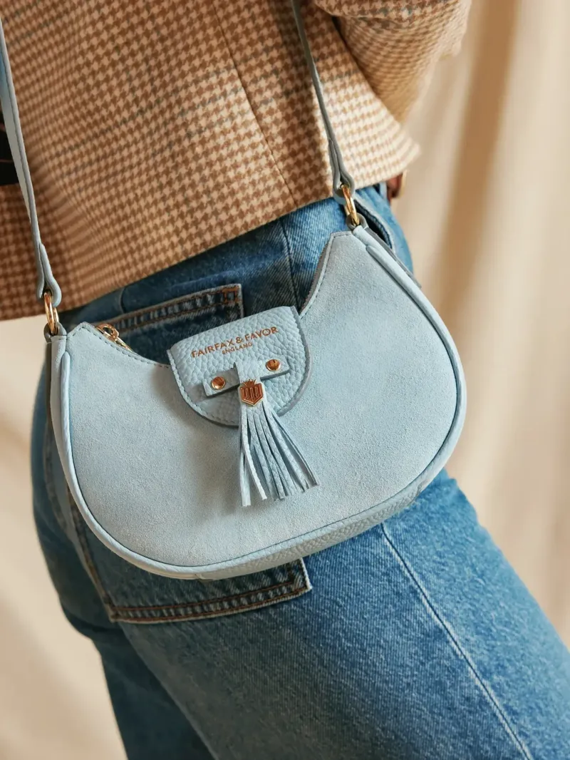 Fairfax and Favor Micro Mini Windsor Cross Body Suede in Sky Blue-5