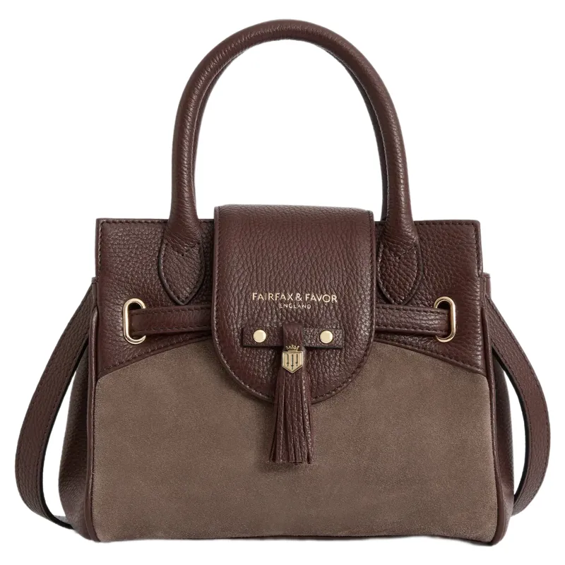 Fairfax and Favor Stockist Exclusive Mini Windsor Handbag Port and Deep Taupe Suede