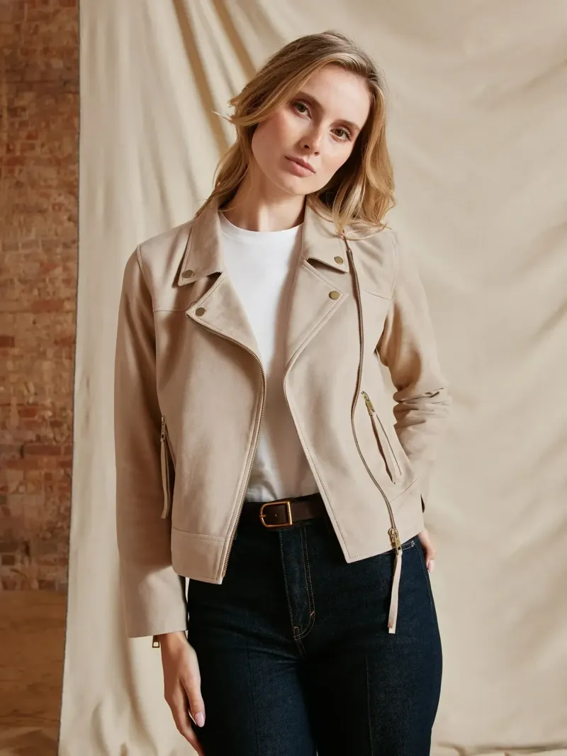 Fairfax and Favor Thea Biker Jacket Suede in Stone-2