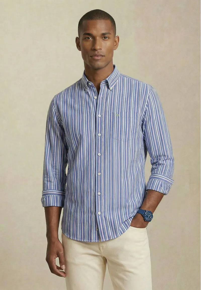 Fynch-Hatton Colourful Poplin Stripe Button Down Shirt in Harbour Blue-4