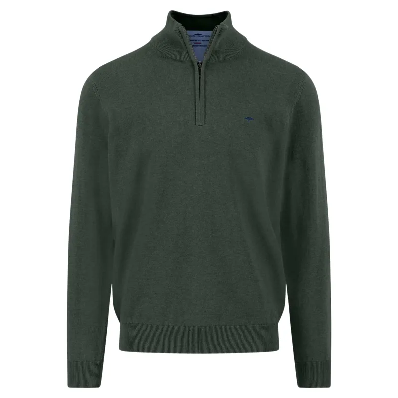 Fynch-Hatton Superfine Troyer-Zip Cotton Stand-Up Collar in Dark Ivy