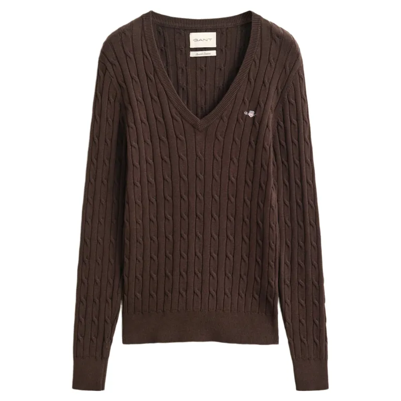 Gant Classic Cable Knit Stretch Cotton V-Neck Sweater in Deep Brown