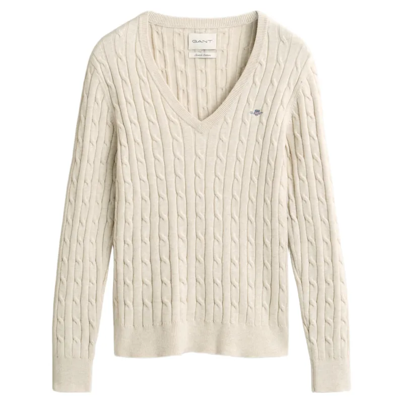 Gant Classic Cable Knit Stretch Cotton V-Neck Sweater in Misty Beige