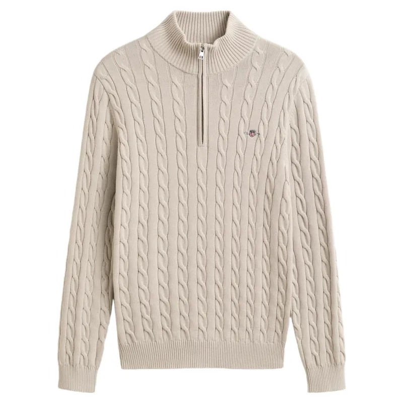 Gant Cotton Cable Knit Half-Zip Sweater in Clay Beige