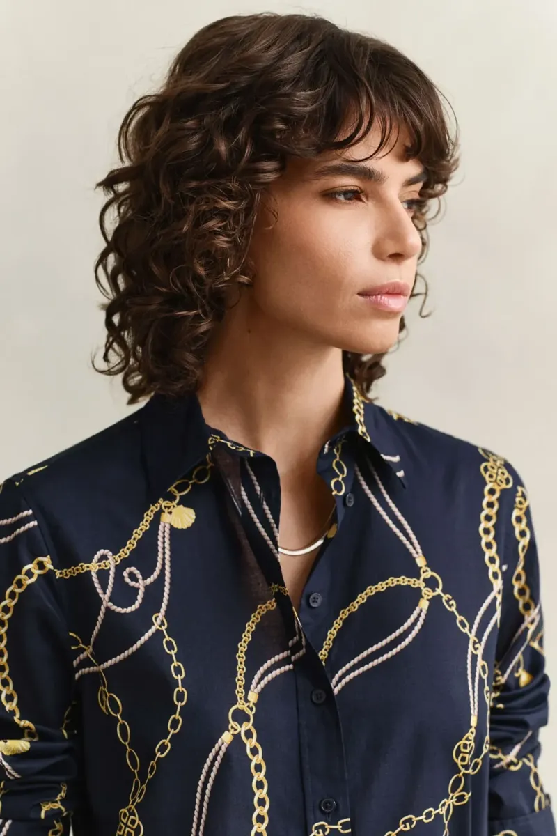 Gant Print Cotton Voile Shirt in Evening Blue-3