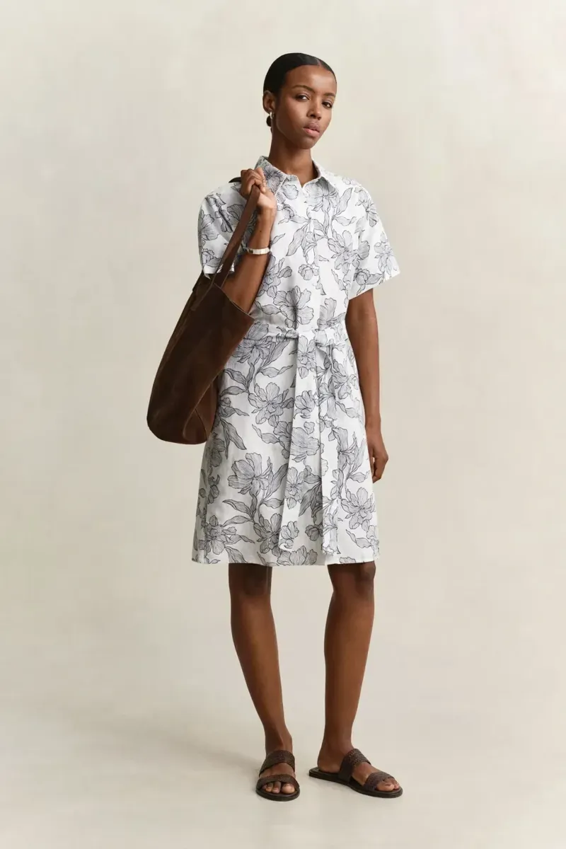 Gant Floral Print Linen Short Sleeve Shirt Dress in Evening Blue-7