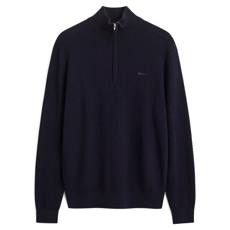 Gant Herringbone Texture Half Zip Sweater in Evening Blue