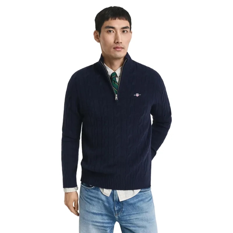 Gant Lambswool Cable Knit Half-Zip Sweater in Evening Blue-1