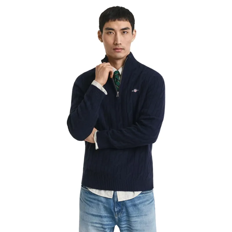 Gant Lambswool Cable Knit Half-Zip Sweater in Evening Blue-3
