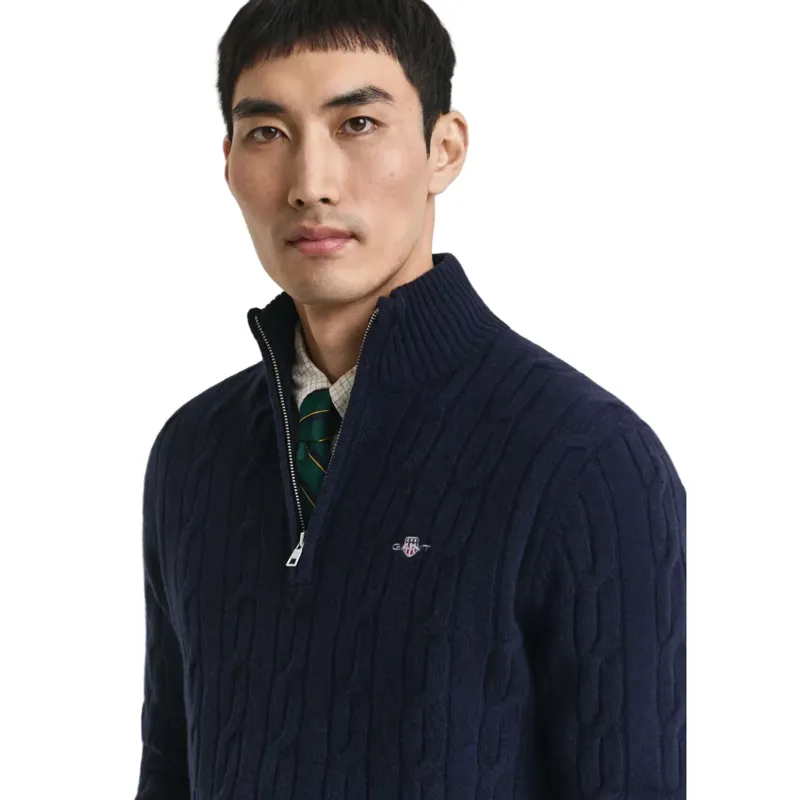 Gant Lambswool Cable Knit Half-Zip Sweater in Evening Blue-4