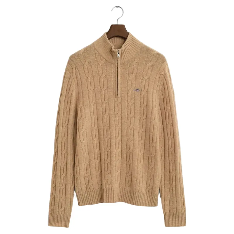 Gant Lambswool Cable Knit Half-Zip Sweater in Khaki Melange