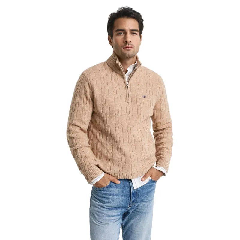 Gant Lambswool Cable Knit Half-Zip Sweater in Khaki Melange-1